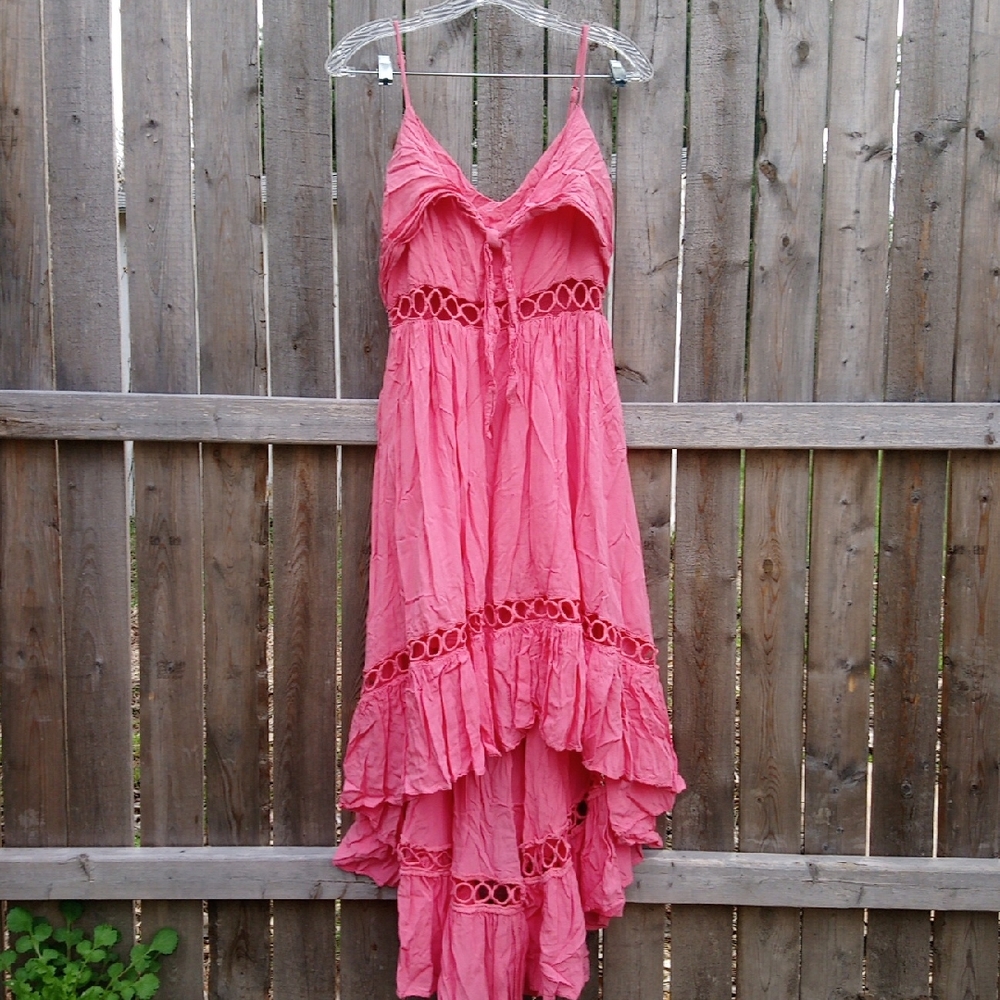 Main Strip Pink Cut Out Boho Spaghetti Strap Flowy Dress